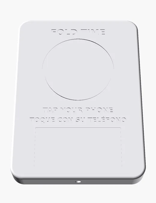 Render of the Fold Time wall device: a white rounded rectangle reading FOLD TIME, TAP YOUR PHONE, TOQUE CON SU TELÉFONO
