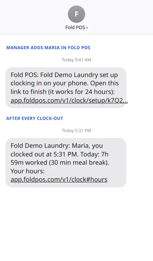 Two texts to a staff member: the setup link, and after clocking out, today’s hours with a link to My hours
