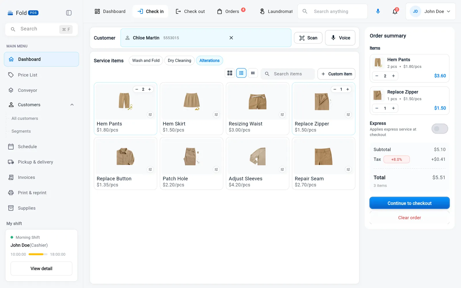 Alterations check in: each task priced on its own, with the order summary