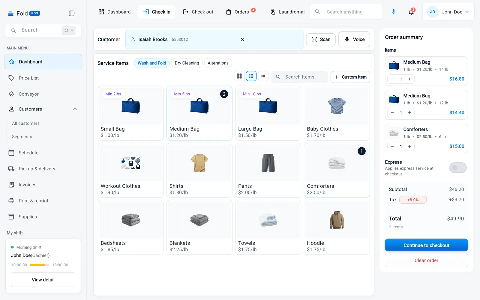 Check in: wash and fold items priced by the pound, with the order summary on the right