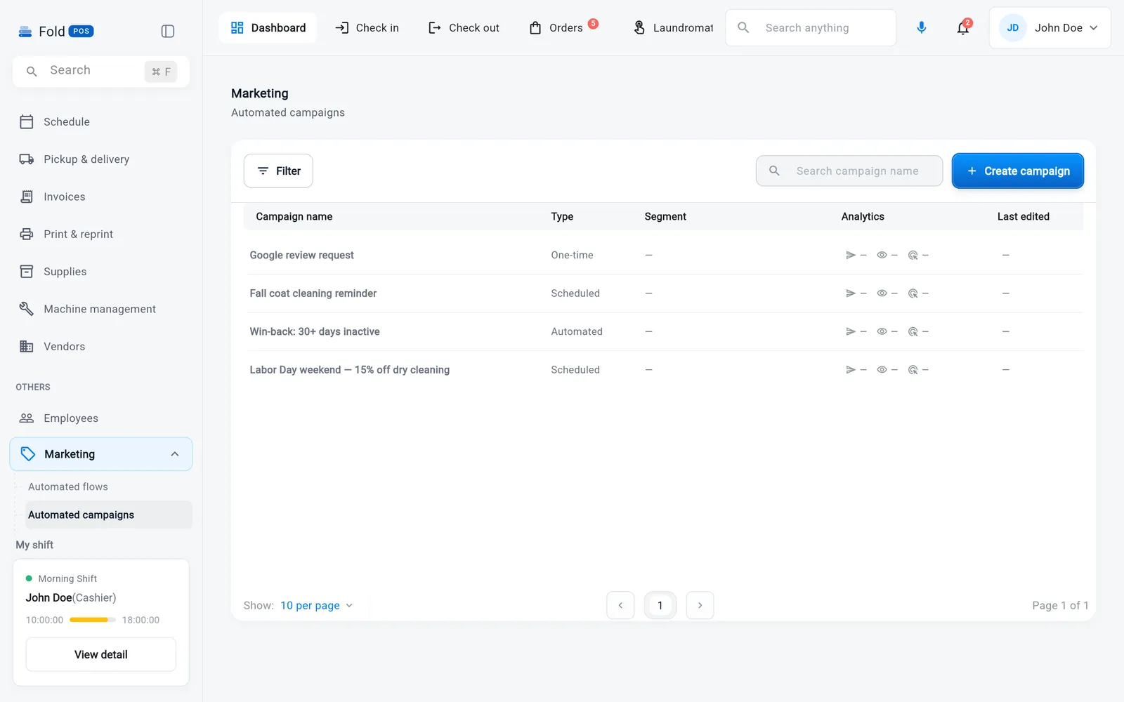 Marketing: automated campaigns with their type and results