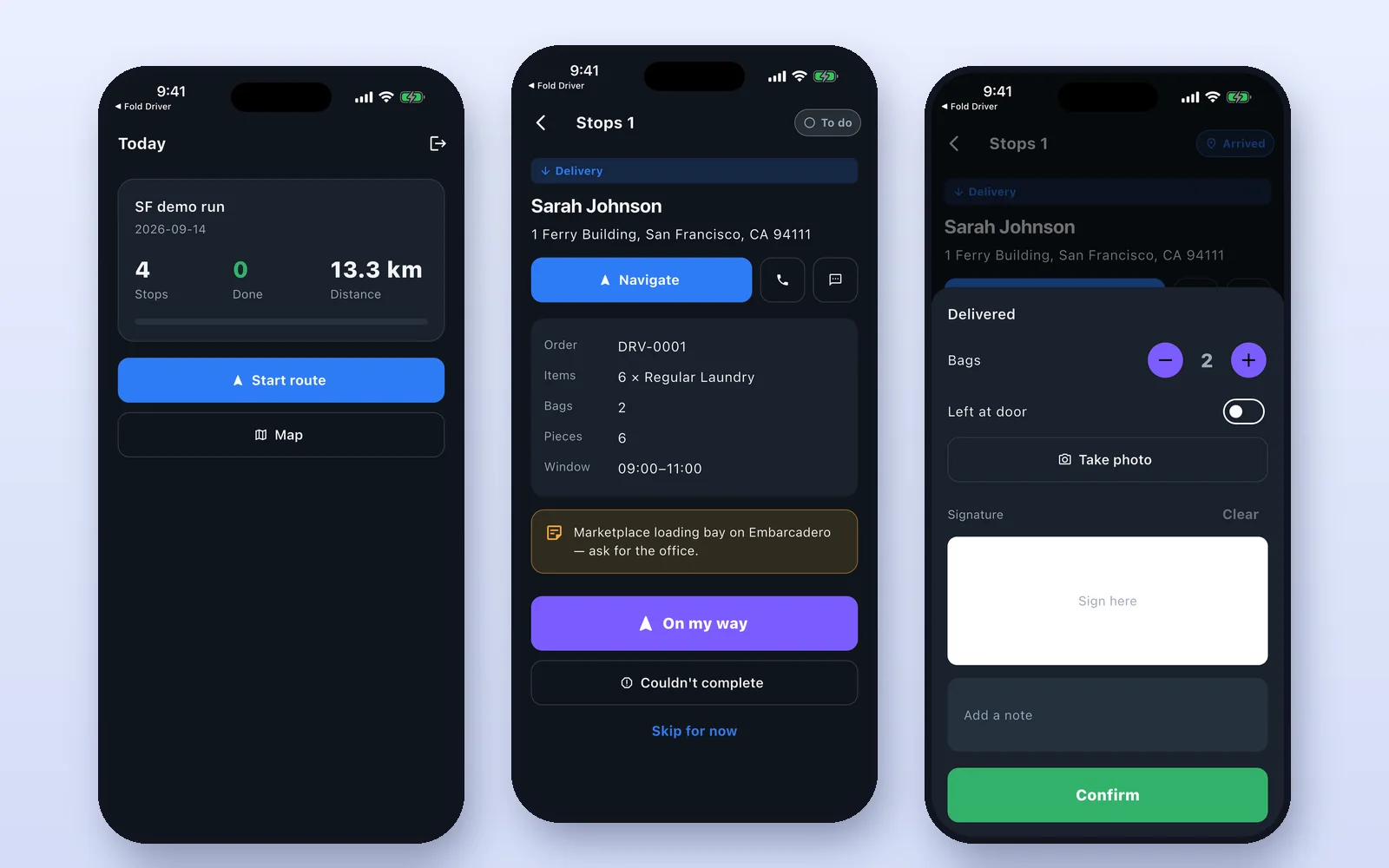 La app Fold Driver en tres teléfonos: la ruta del día, una parada con el botón para navegar y la pantalla de entregado con foto y firma.