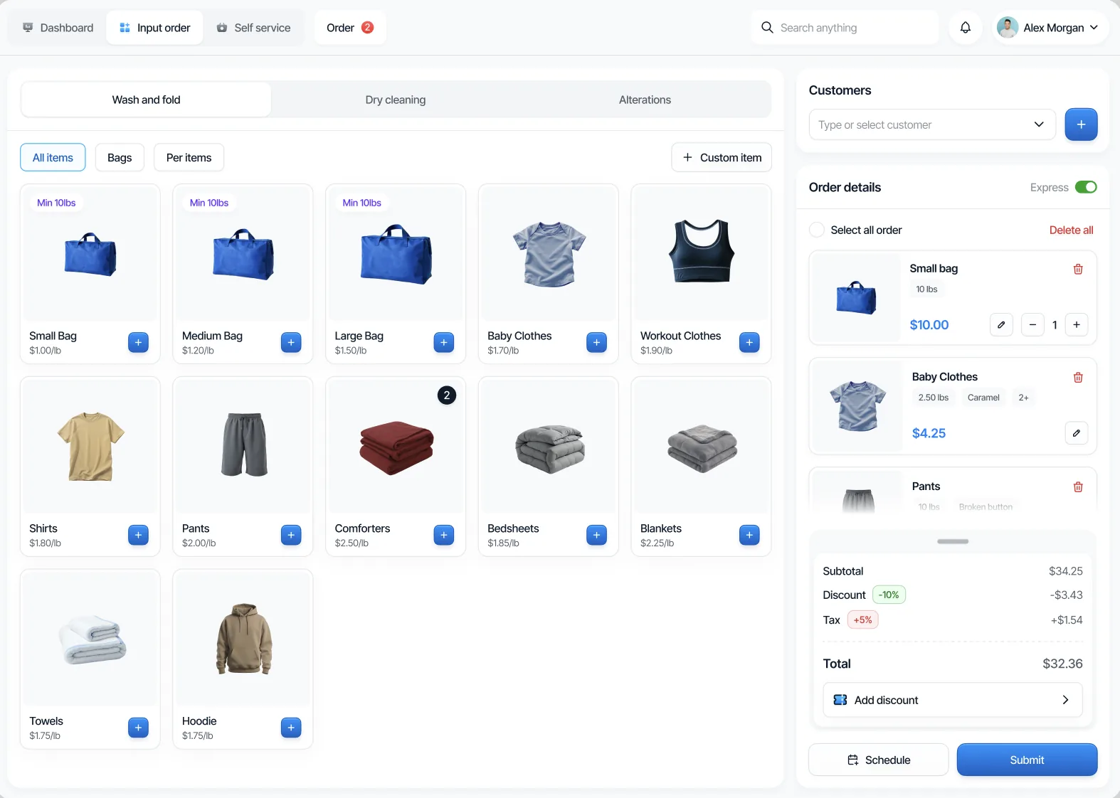 Order intake screen showing wash and fold item pricing and order summary with subtotal, discount, and tax