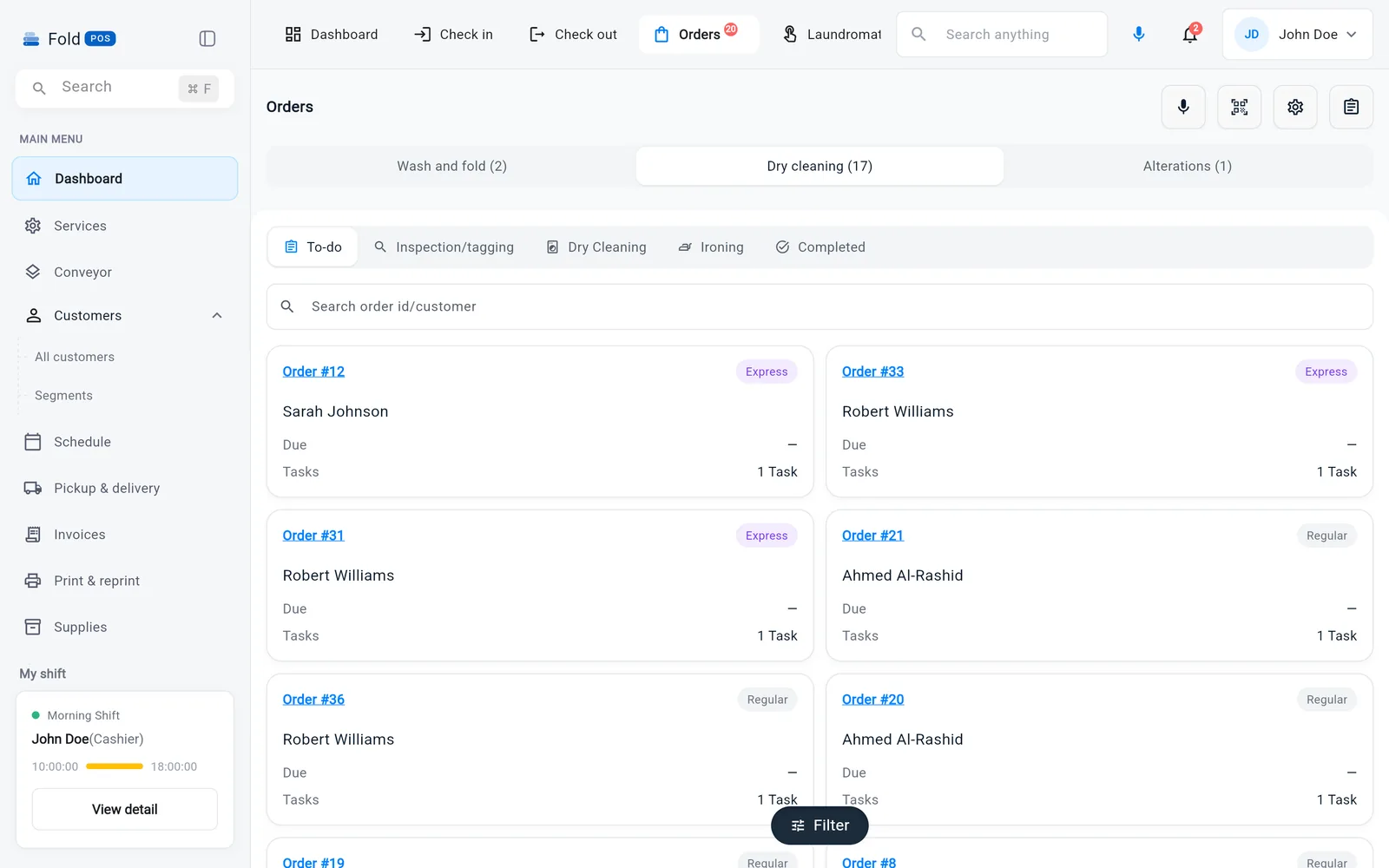 Dry cleaning workflow board: to-do, inspection and tagging, dry cleaning, ironing, completed