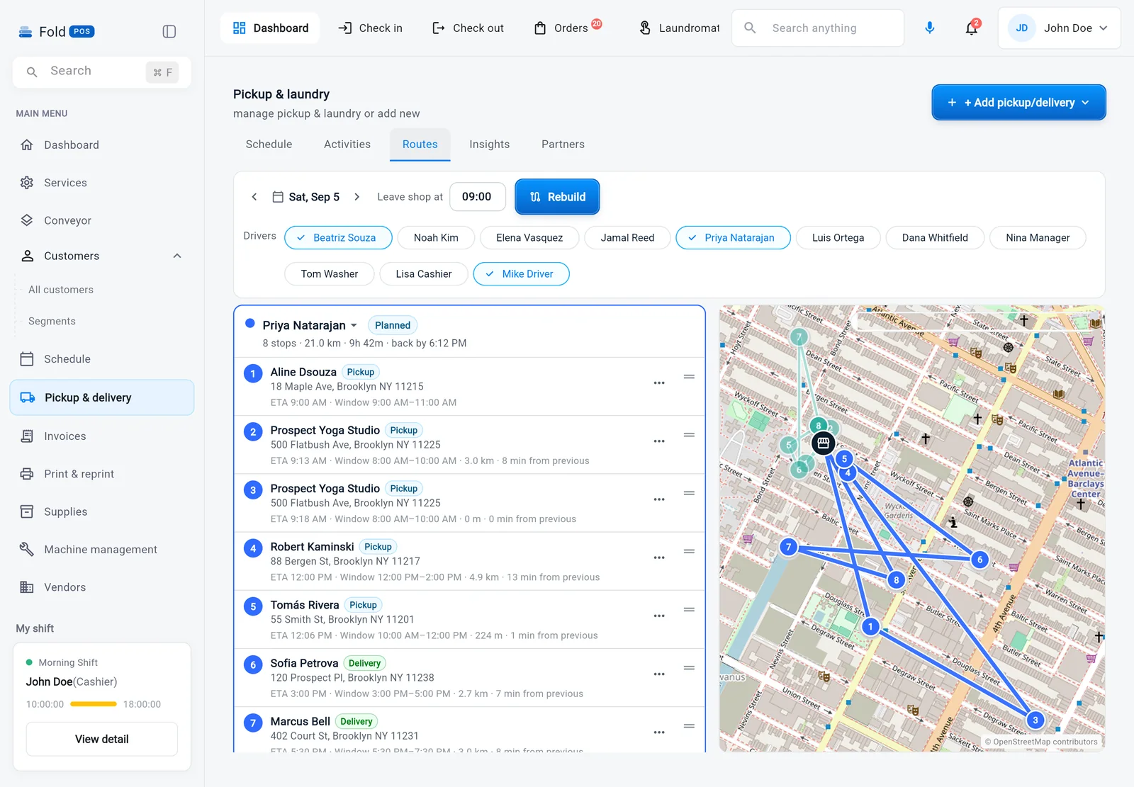 Route builder with a sequenced stop list, drivers and a map